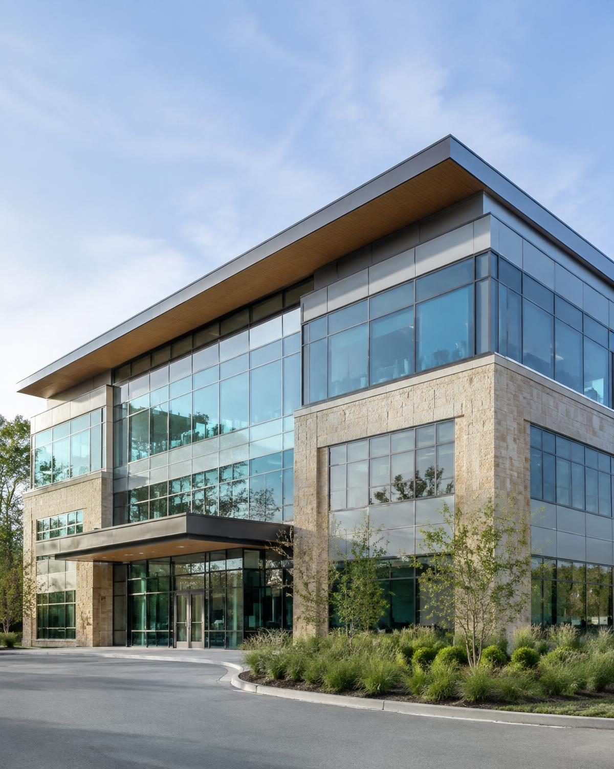 Modern commercial office building with expansive architectural glazing