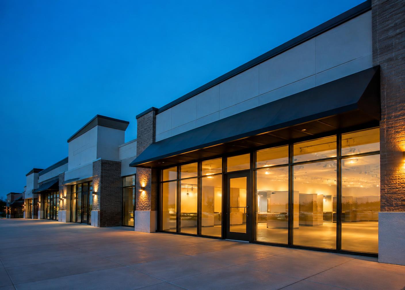 Commercial retail storefront glazing lit at dusk