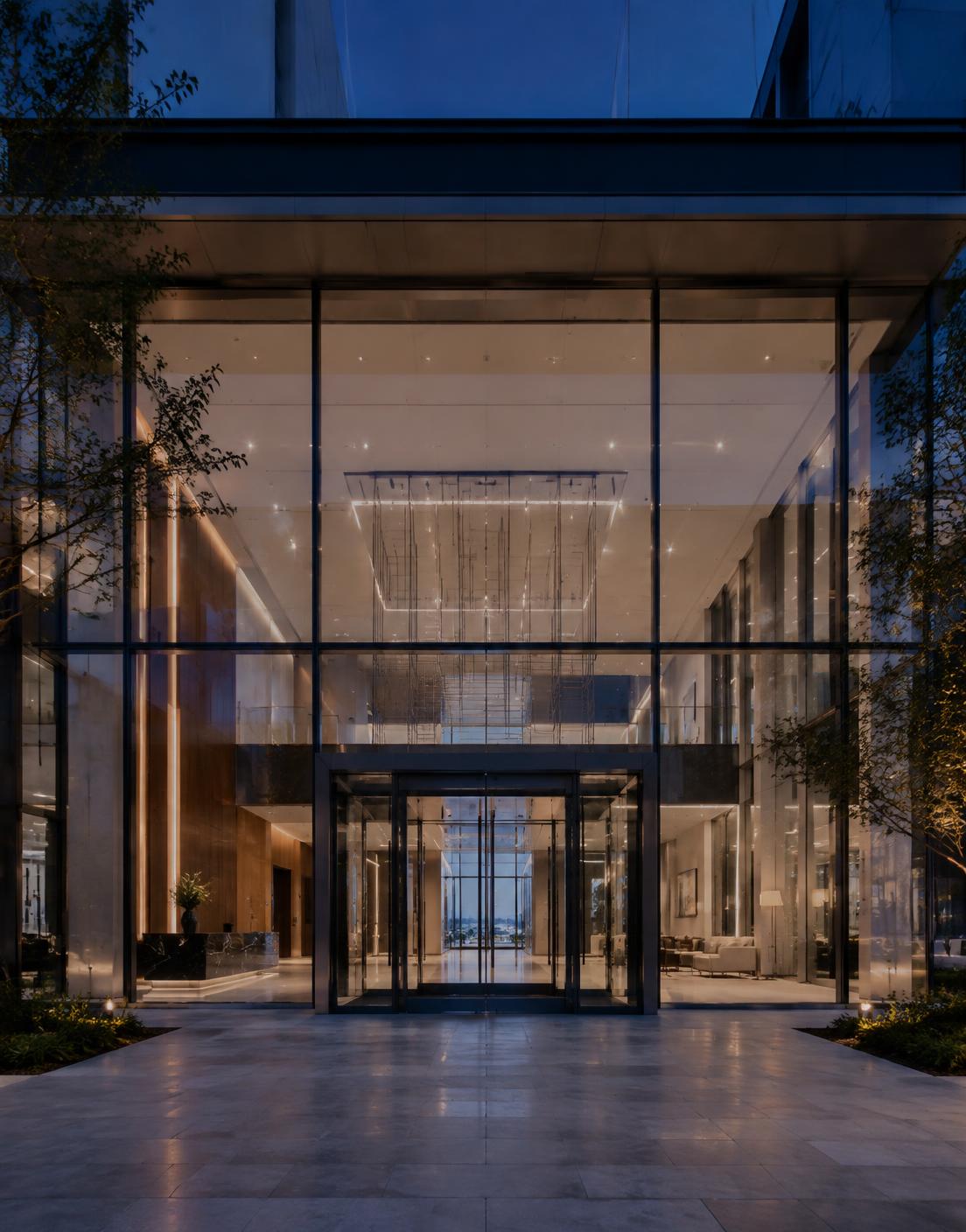 Double-height glass lobby entrance of a corporate building