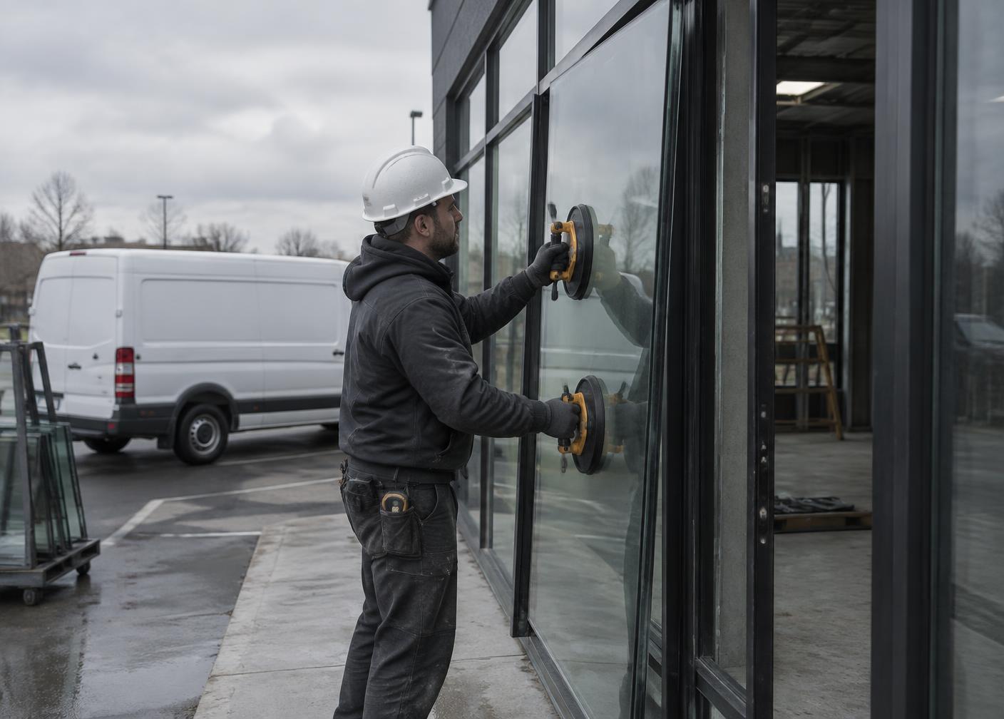 Glazier setting a large glass panel into a commercial storefront frame