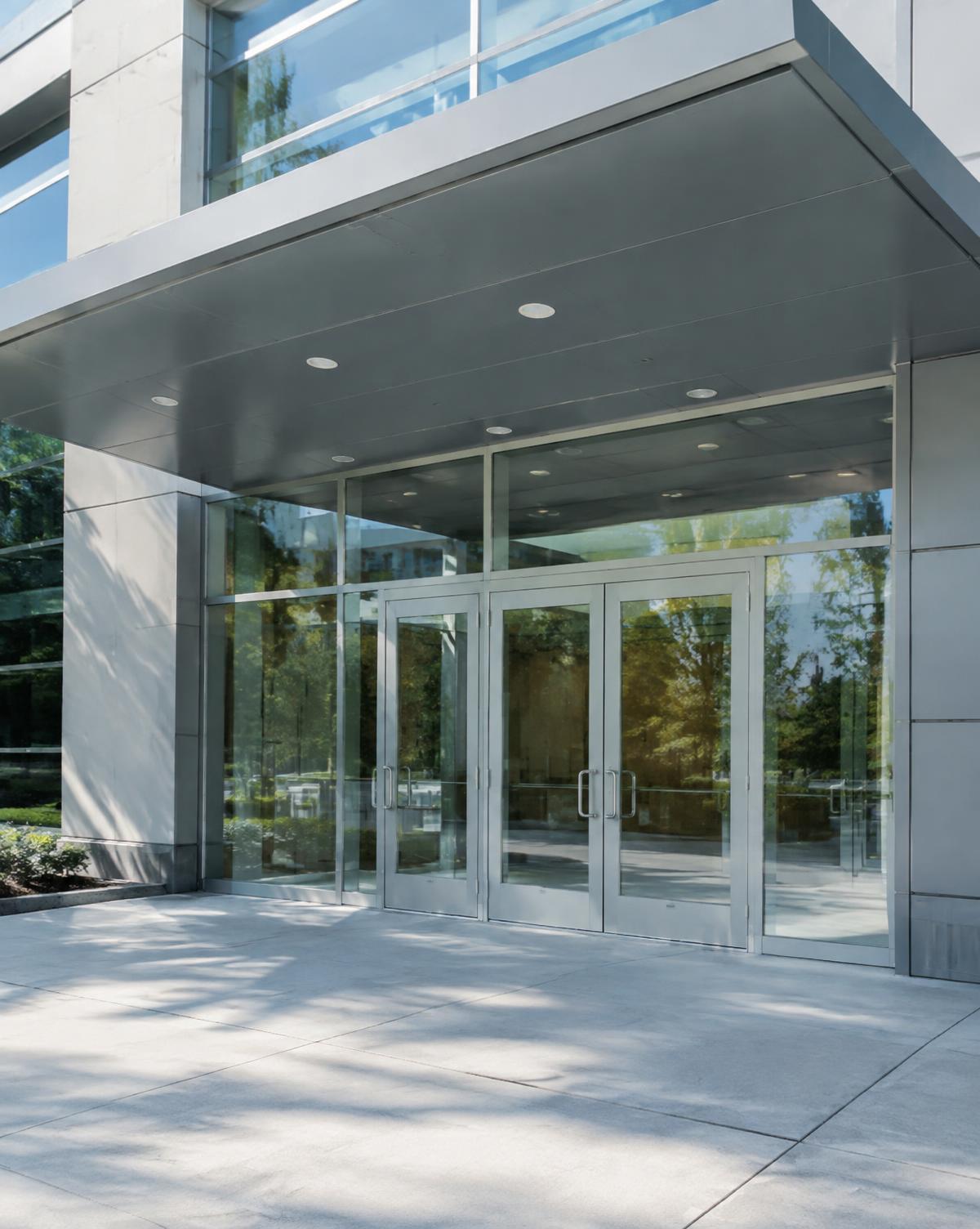 Aluminum framed commercial entrance under a metal canopy