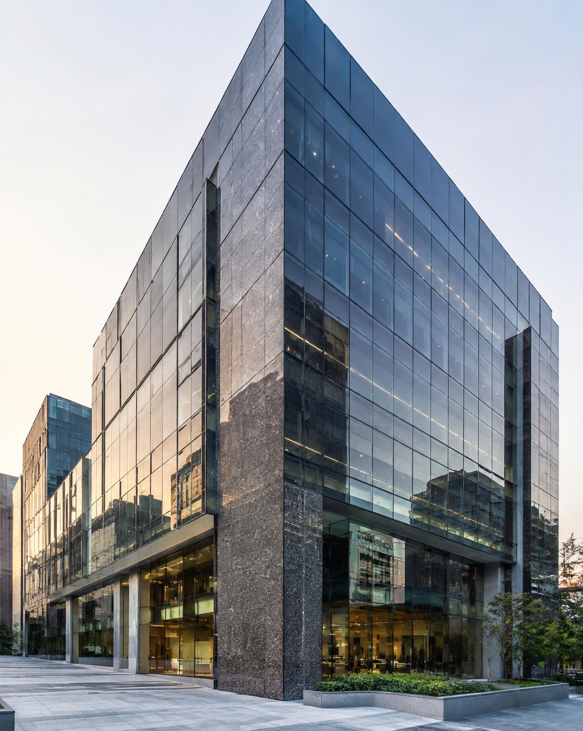 Commercial facade combining granite stone panels with glazed curtainwall