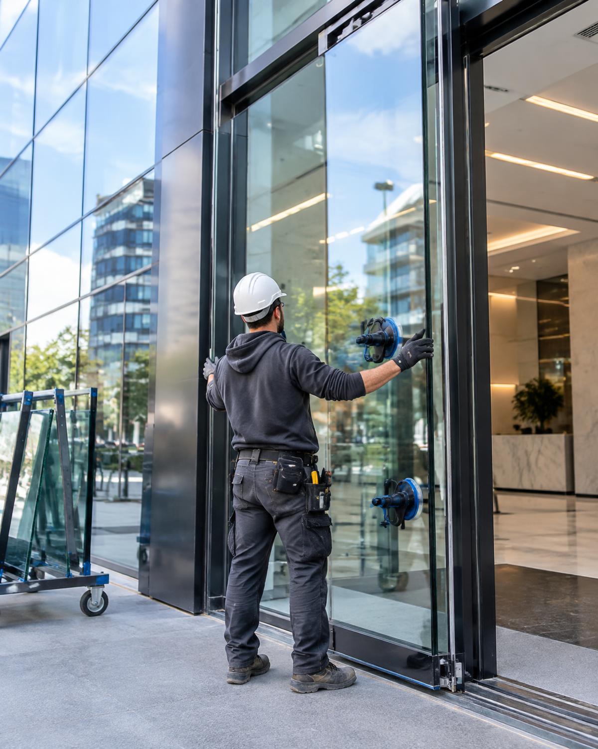 Glazier fitting a replacement glass panel into a commercial entrance