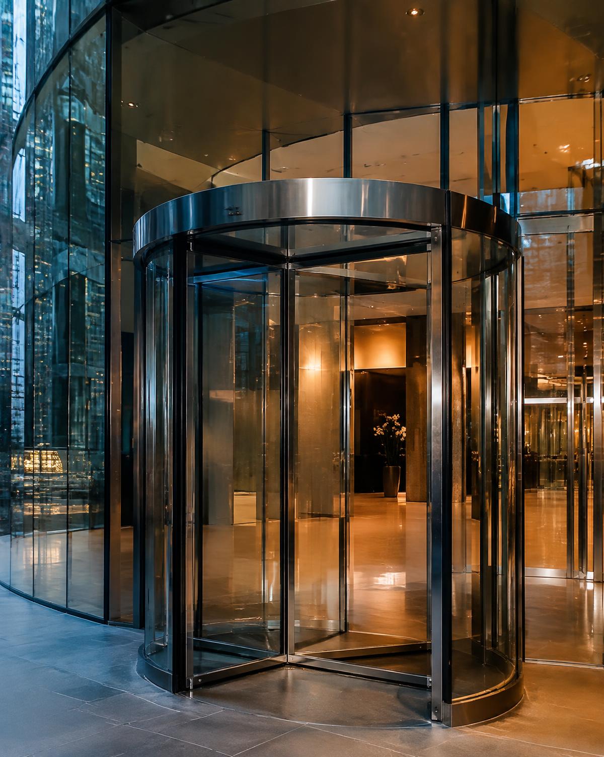 Revolving glass door at a corporate lobby entrance