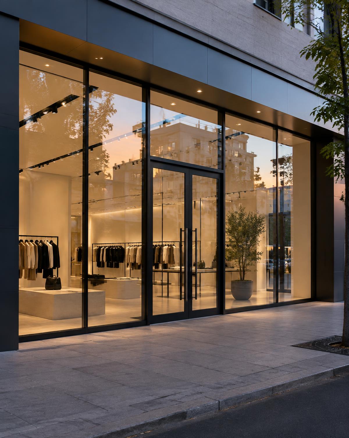 Modern commercial storefront with large glass panels and dark aluminum framing