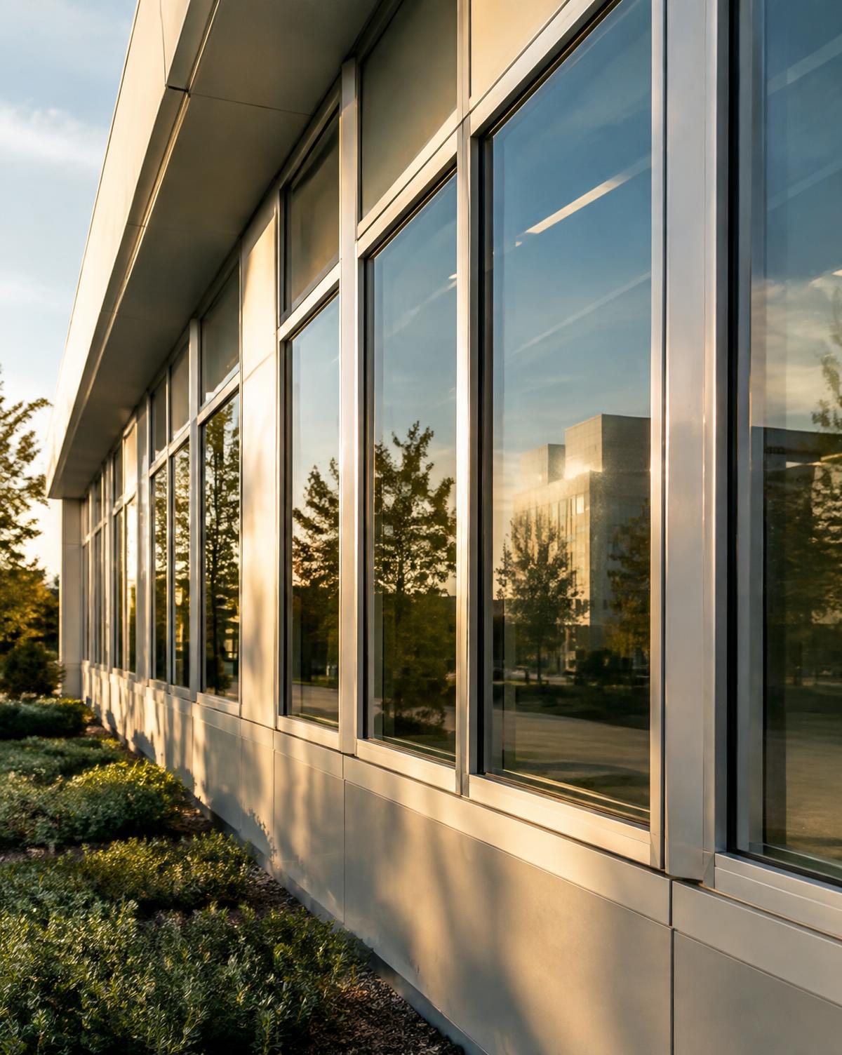 Row of commercial aluminum windows on an office facade