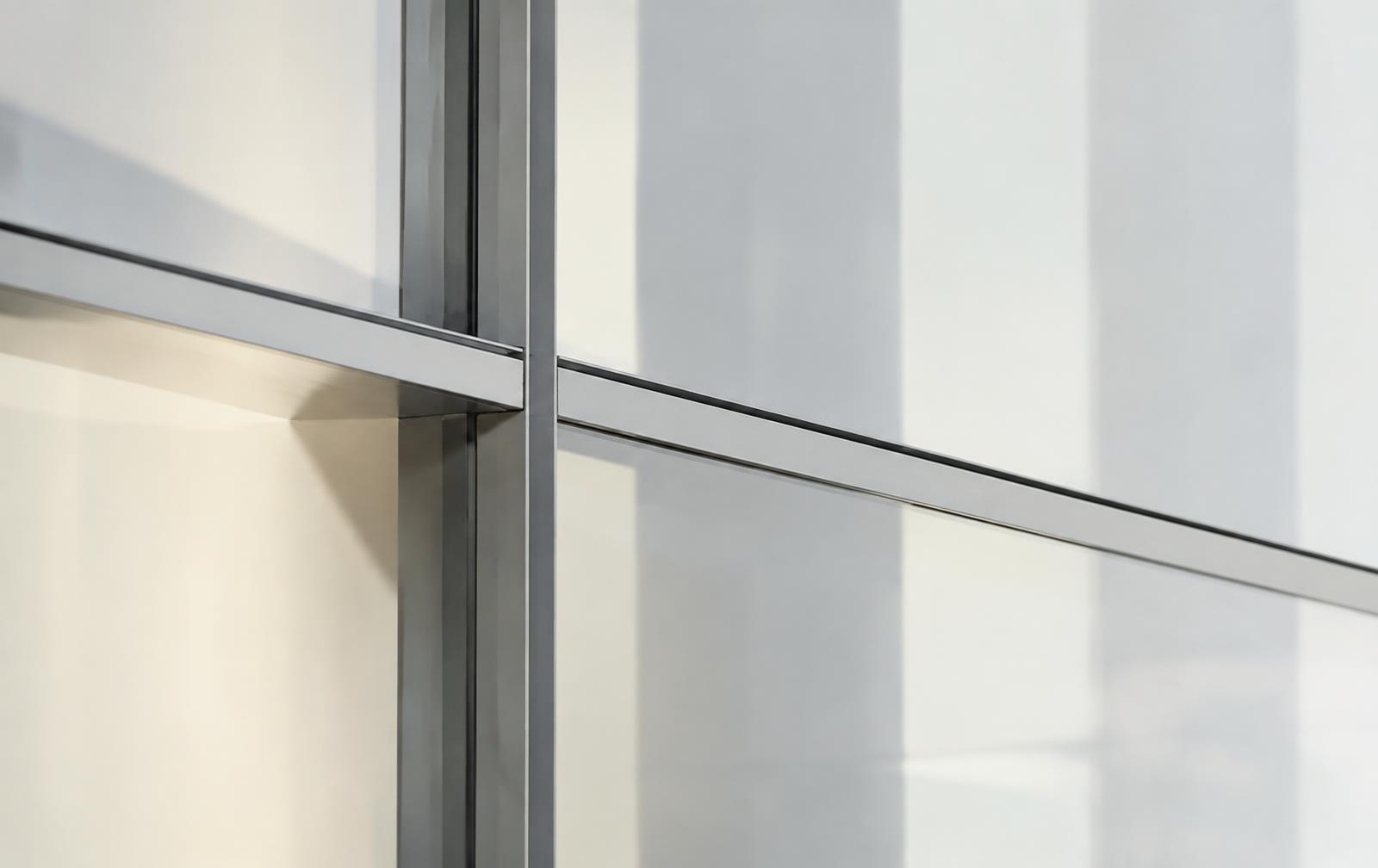 Close-up of aluminum mullions meeting architectural glass